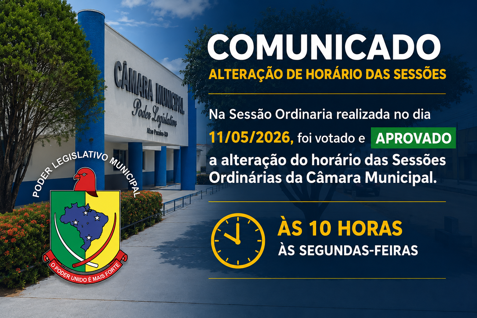 📢 Novo Horário das Sessões Ordinárias da Câmara Municipal